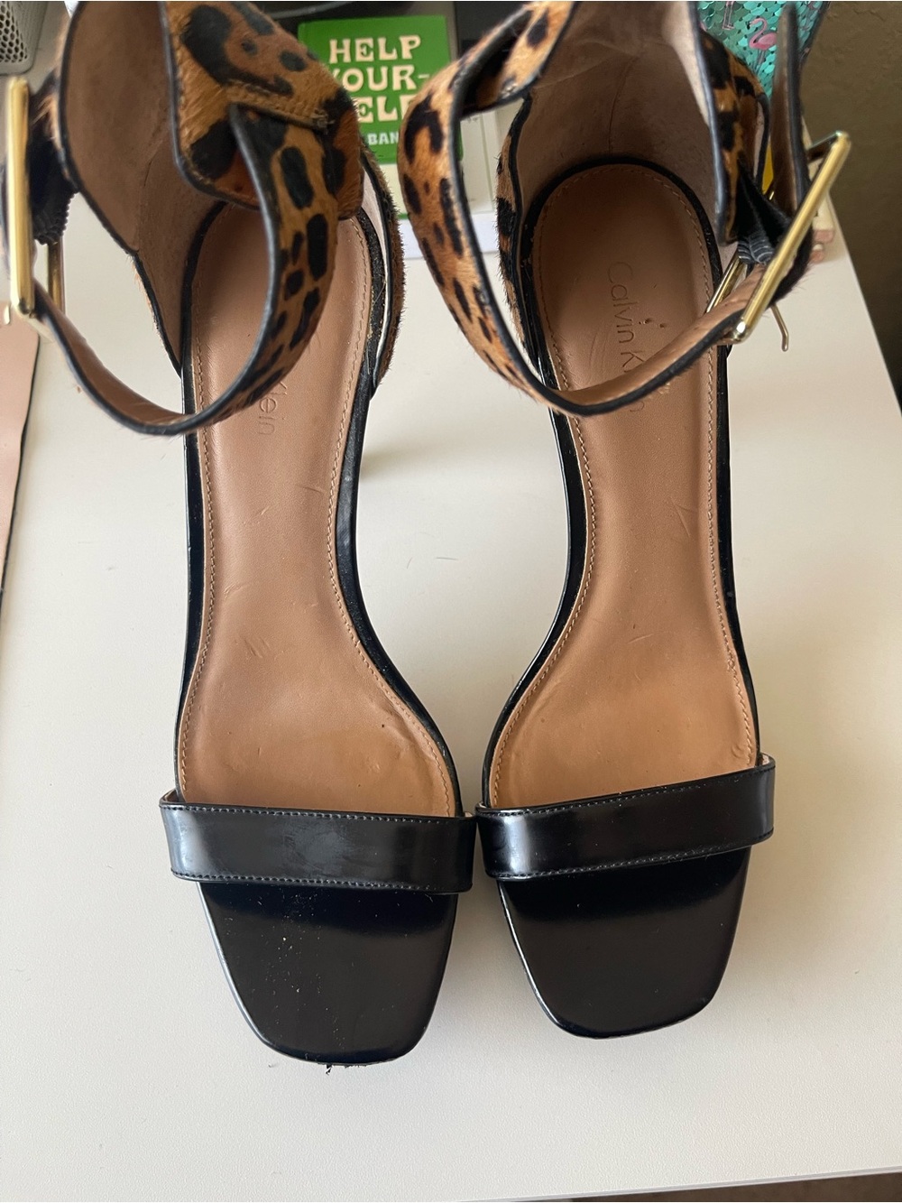 Calvin Klein Black Patent & Leopard Ankle-Strap Heels